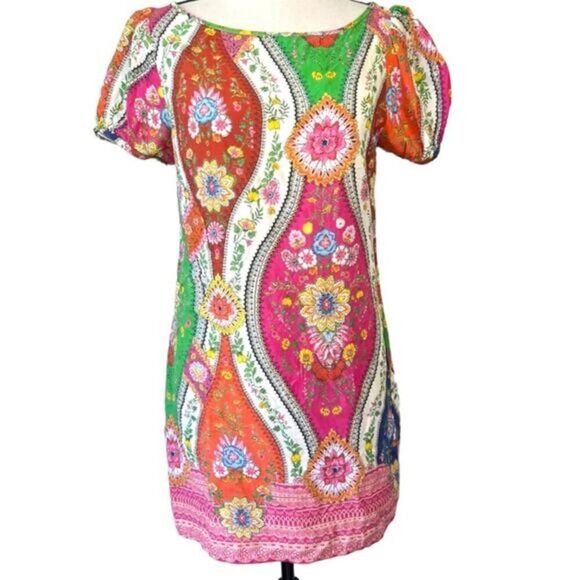 Farm Rio Brazil Puff Sleeve pink green floral printed mini dress size small S - Picture 1 of 12